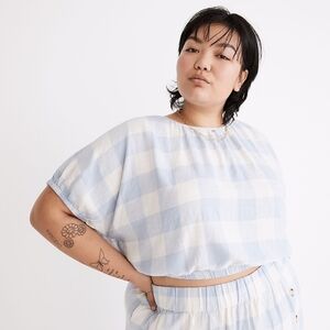Madewell Linen Blend Michele Bubble Top Gingham Check Blue NWT 1X